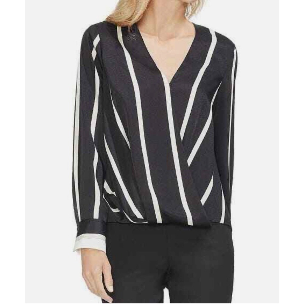 Vince Camuto Sunrise Bay Blouse‎ Black and White Stripe XL Cuffed Long Sleeves